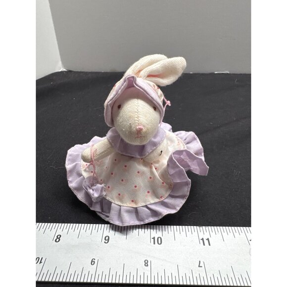 Vintage Russ Berrie Mini Bunny Plush Doll With Purple Polka Dot Dress & Bonnet 3 - Picture 1 of 6